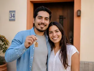 Pareja mexicana joven recibiendo las llaves de su nueva casa